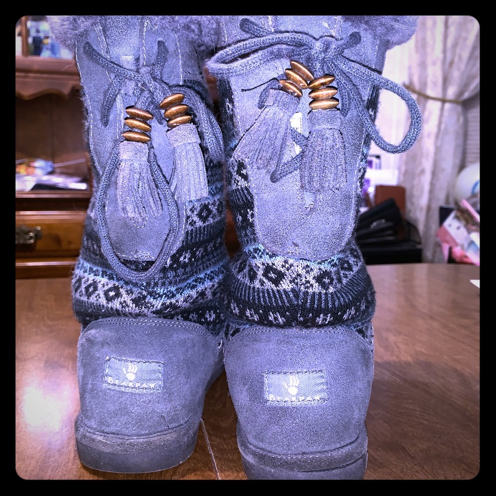 Grey tribal Bearpaw tie up boots